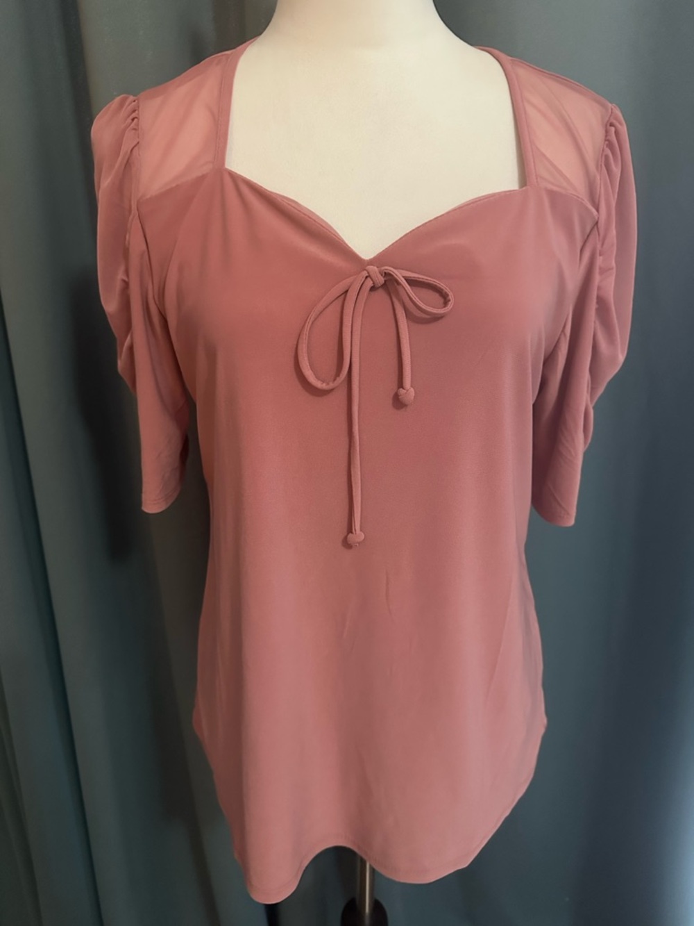 Adele & May Women’s Blush Pink Puff Sleeve Sweetheart Neck Tie Front Top Size L
